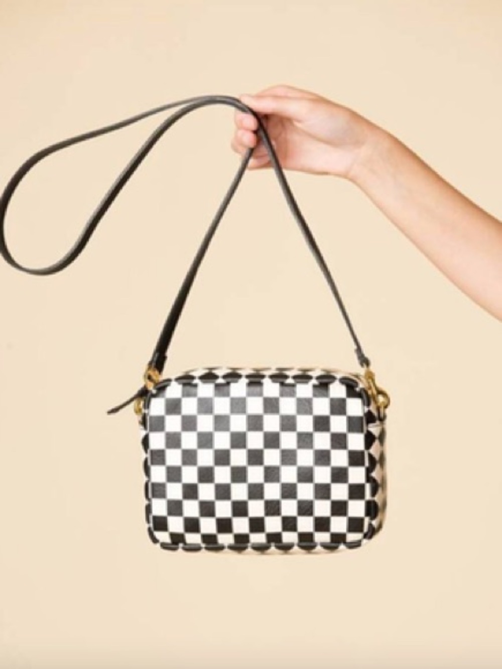 Clare V. Midi Sac Checker Crossbody Bag in Black and White with Gold Hardware